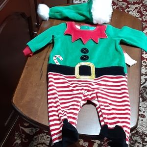 Little Wonders Christmas elf footed onsie suit hat Green Red White sz 0-3ms New…